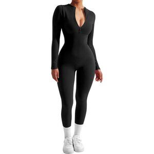 Women Long Sleeve Ribbed Jumpsuit Zip up Front Workout Bodycon Romper